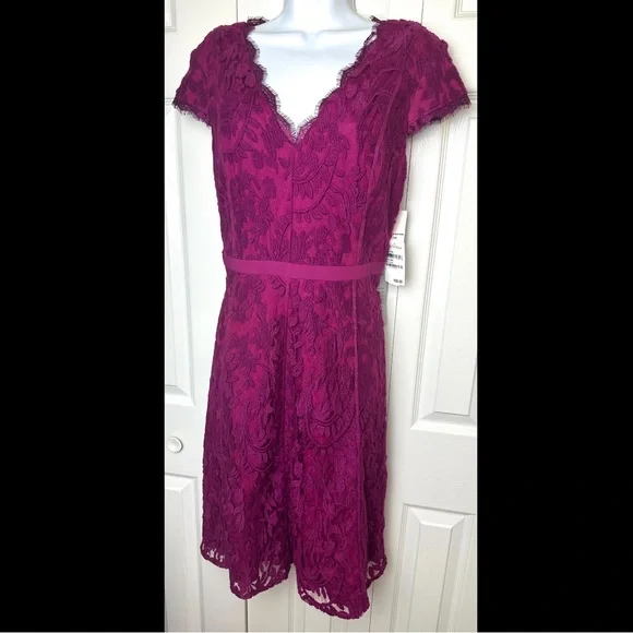 New ADRIANNA PAPELL Illusion Inset Fit Flare Dress Crushed Berry Purple Magenta - Picture 2 of 11